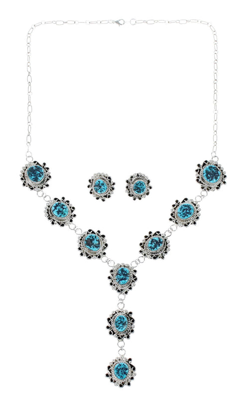 Native American Navajo Turquoise Sterling Silver Bead Necklace Earring Set JX130939